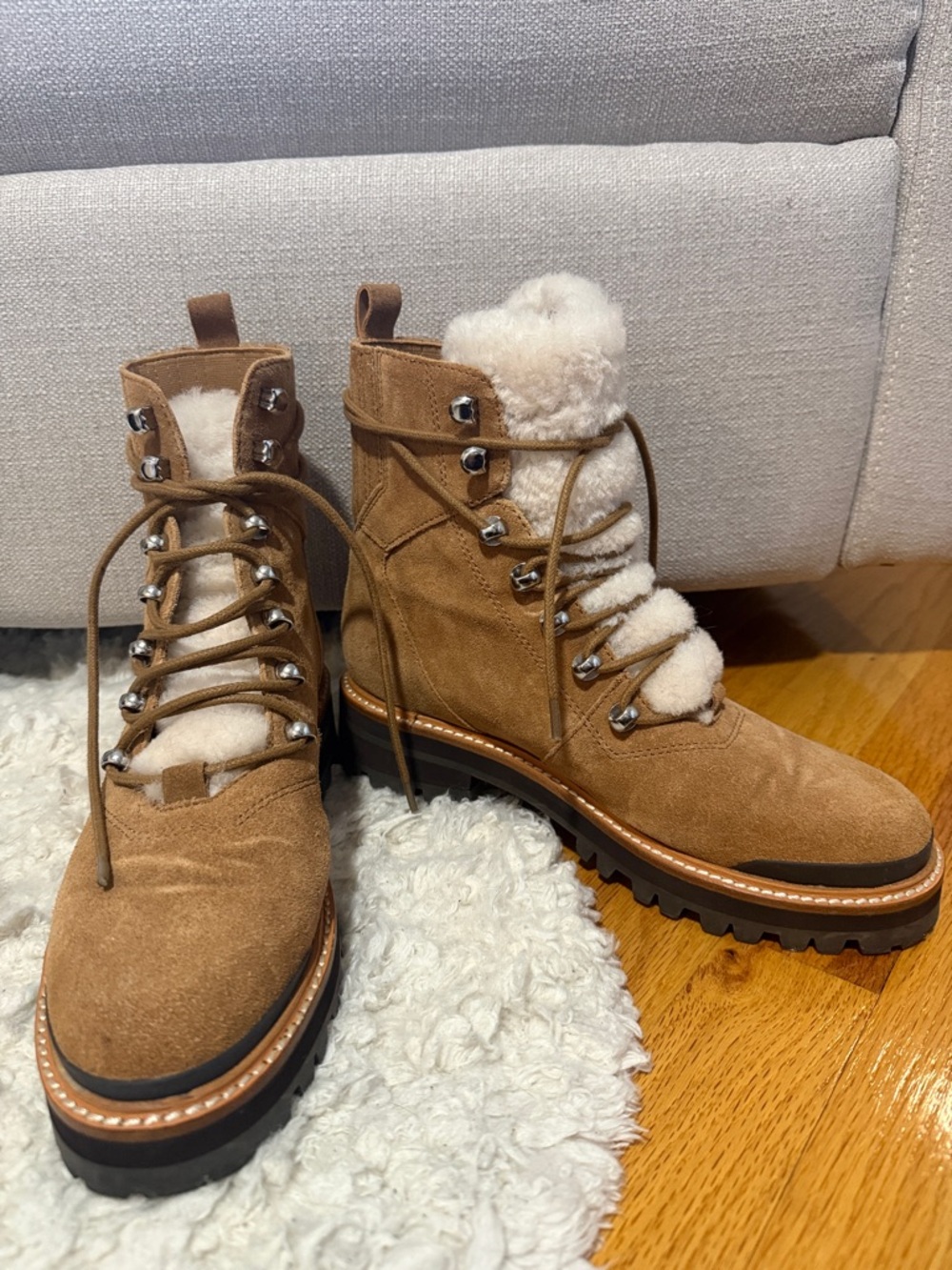 Marc Fisher Lizzie Suede Shearling-Lined Hiking Boot in Camel